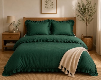 Forest Green Linen Duvet Cover Set – Ruffle Edge, Soft Washed Bedding, Cozy Bedroom Decor Natural Linen Duvet Cover