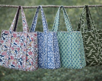 Quilted Cotton Tote Bags, Hand Block Print Handmade Shoulder Bag, Eco Friendly Market & Travel Tote Bag
