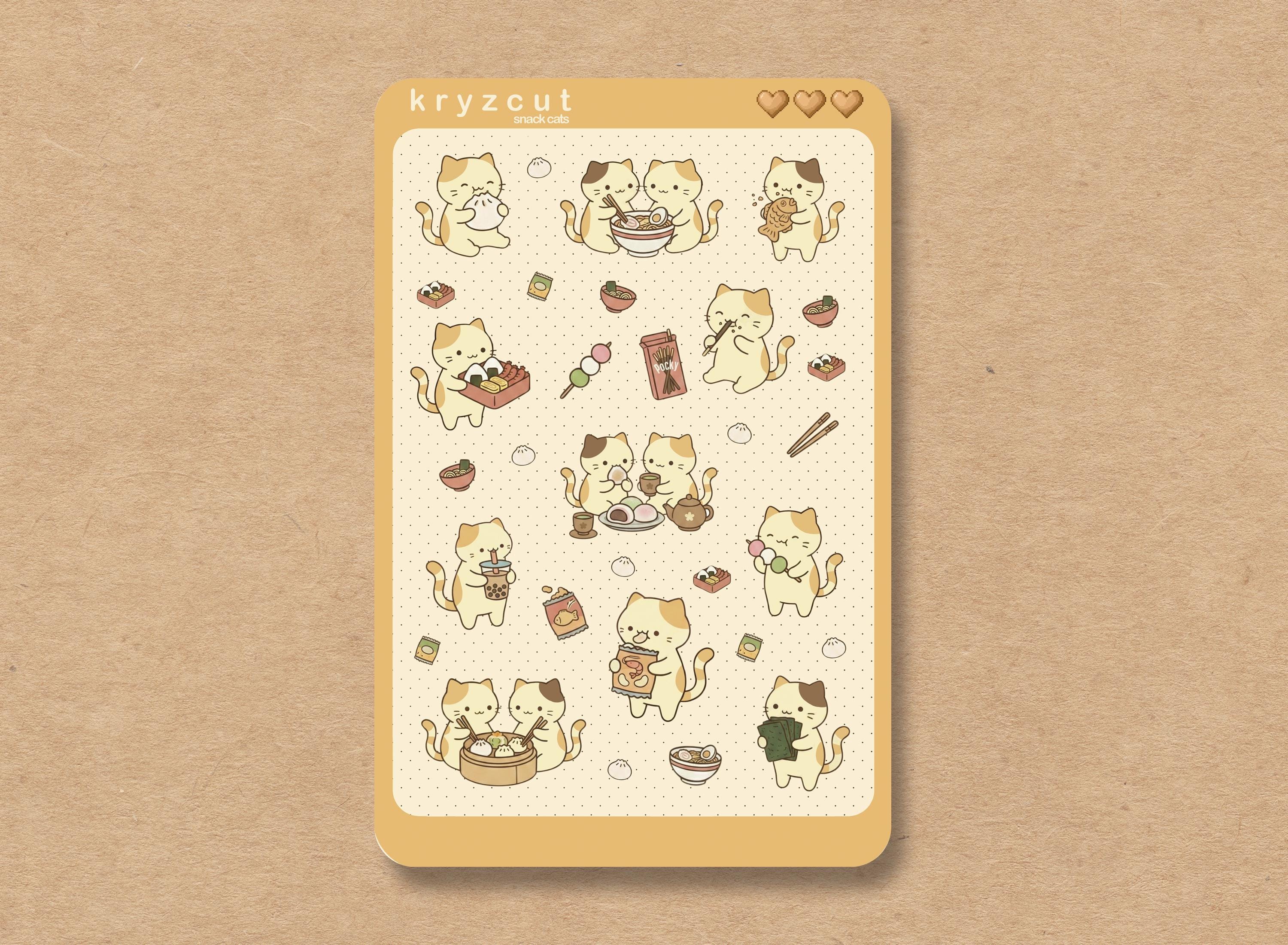 Kawaii cat stickers with dumplings, mochi, tea, and Asian snacks