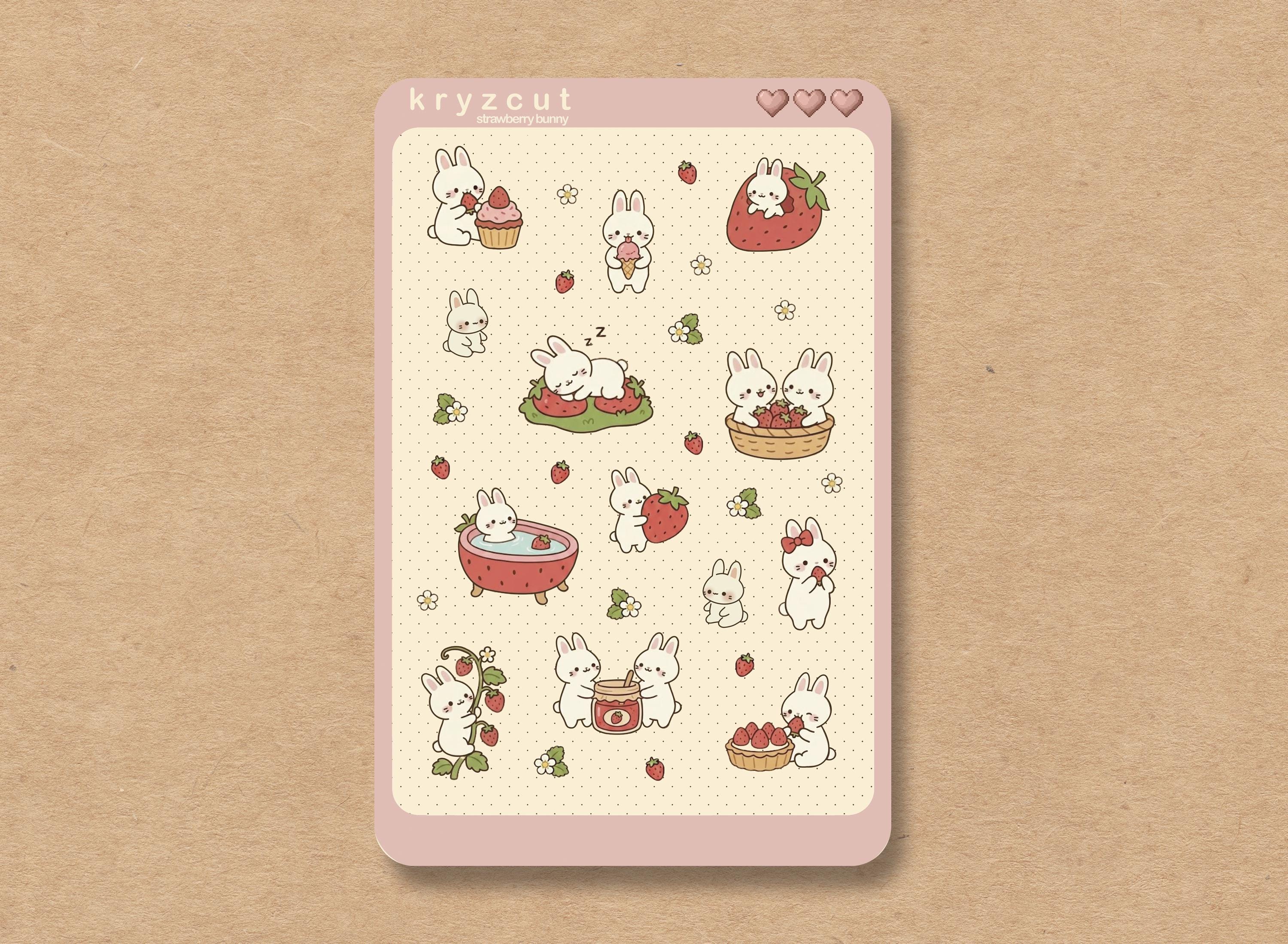 Cottagecore strawberry bunny sticker sheet in pink and cream