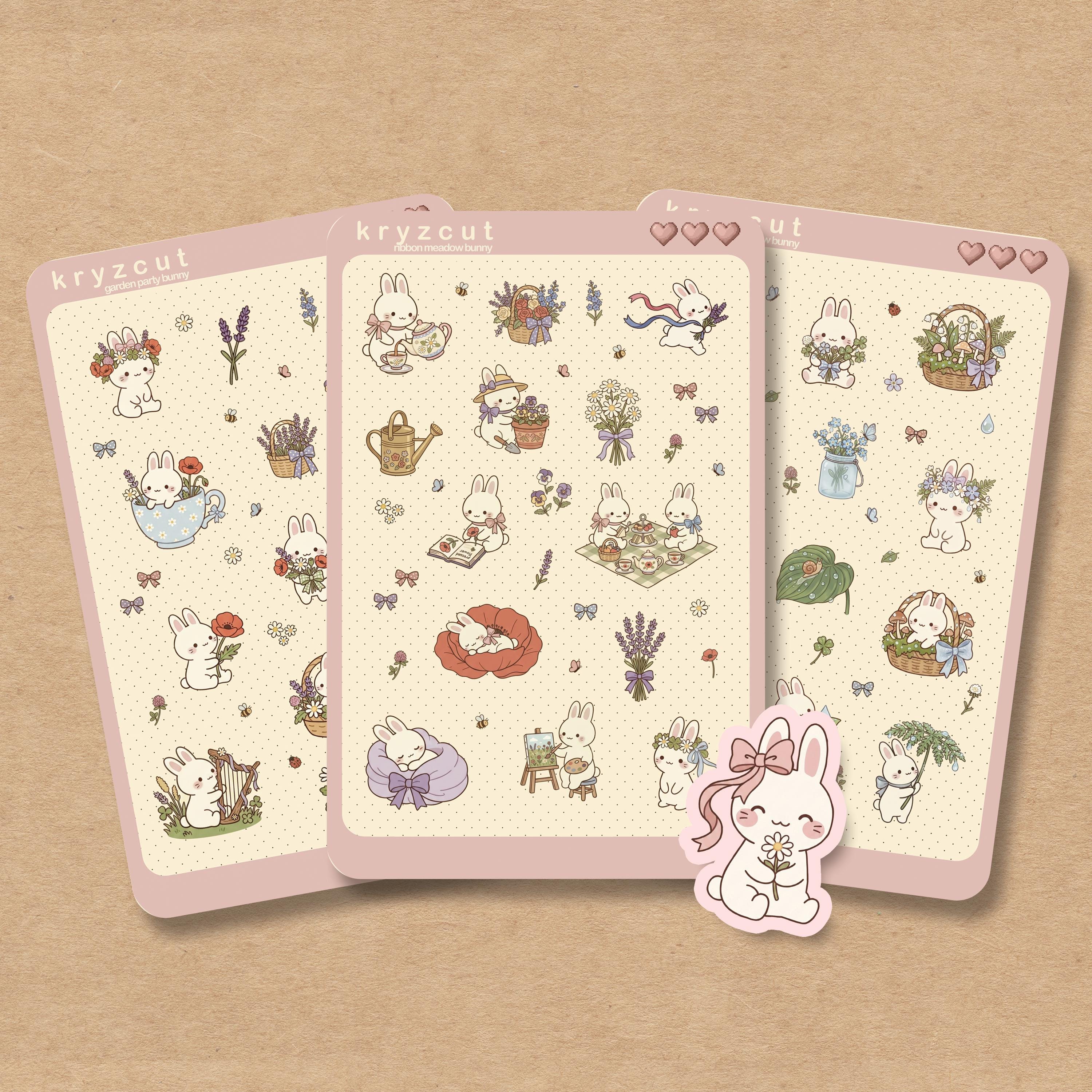 Coquette botanical bunny sticker sheet with ribbons and florals