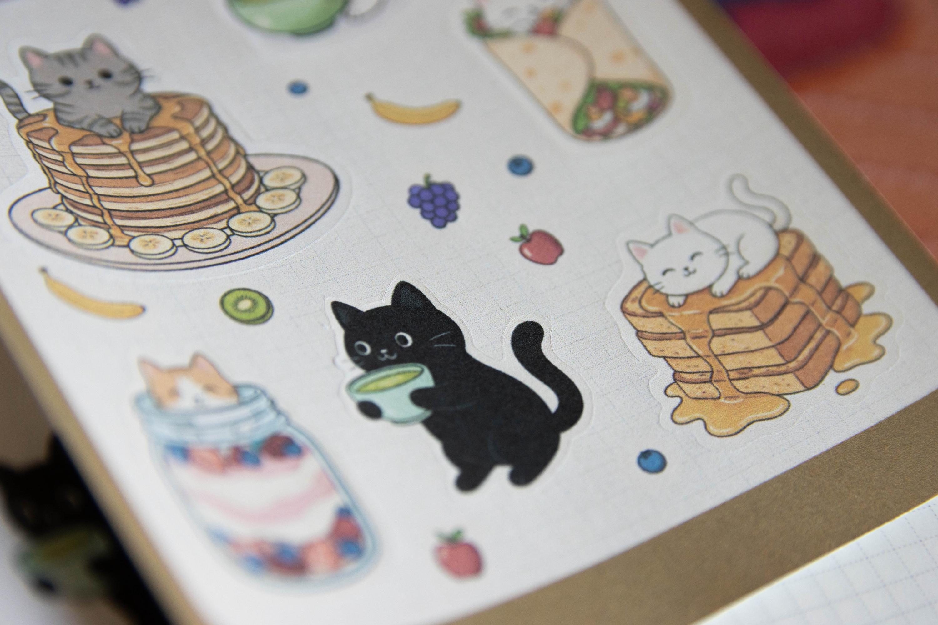 Breakfast Cat Sticker Sheet, Kawaii Foodie Cat Planner Stickers, Cute ...