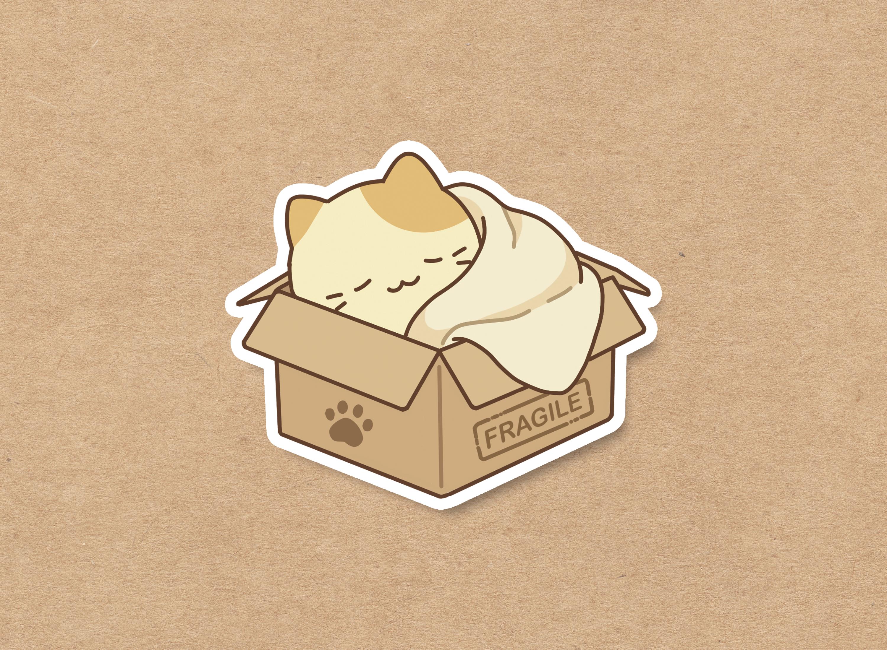 Sleepy cat tucked into a cardboard box, waterproof vinyl sticker