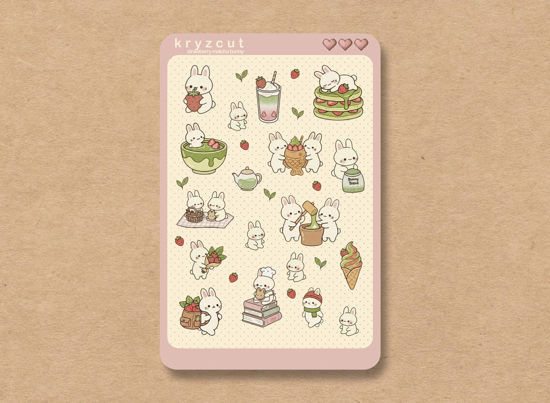 Strawberry Matcha Bunny Sticker Sheet, Kawaii Tea Lover Planner ...