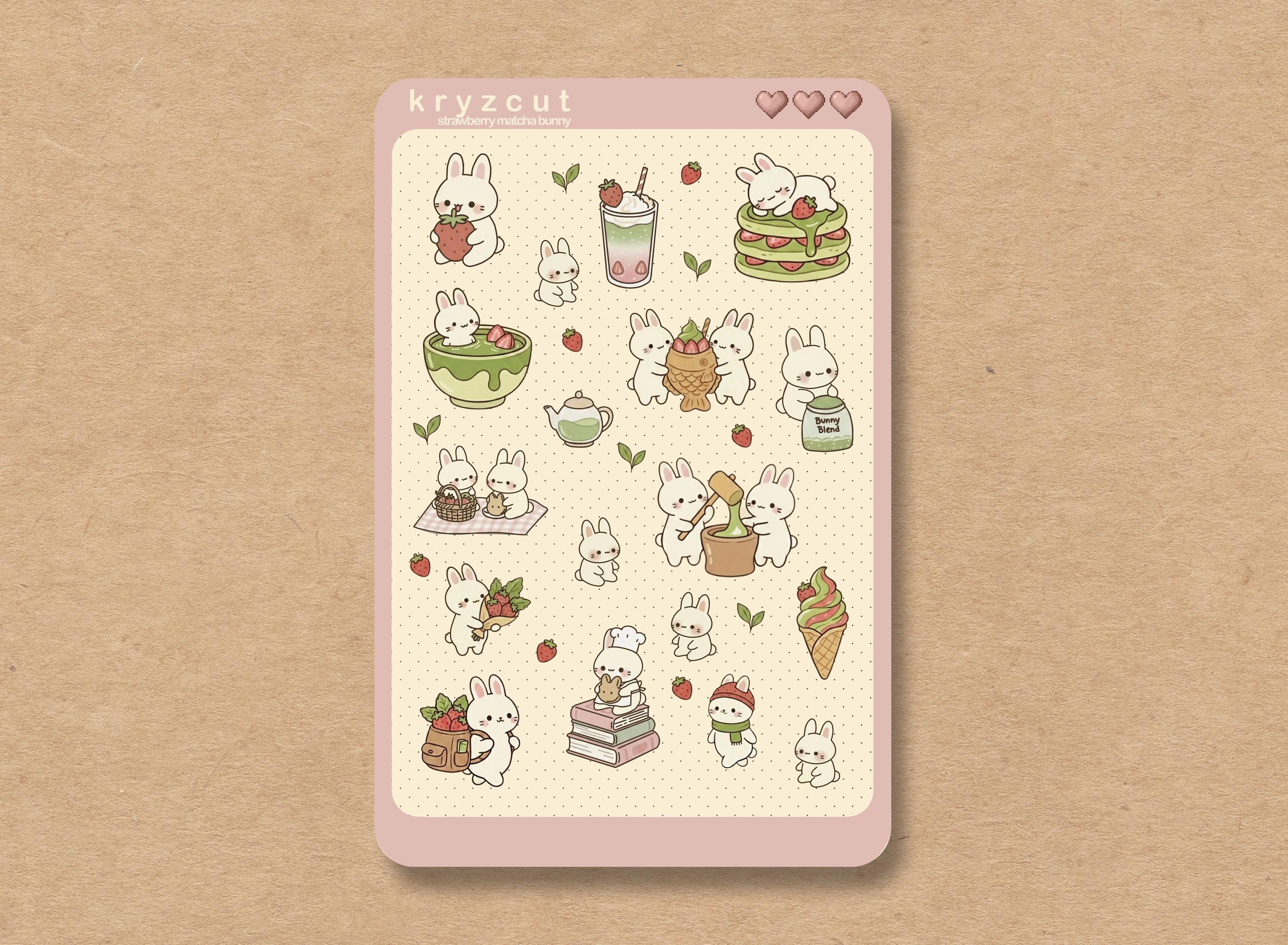 Tea-loving bunnies with strawberries and matcha, kawaii sticker sheet
