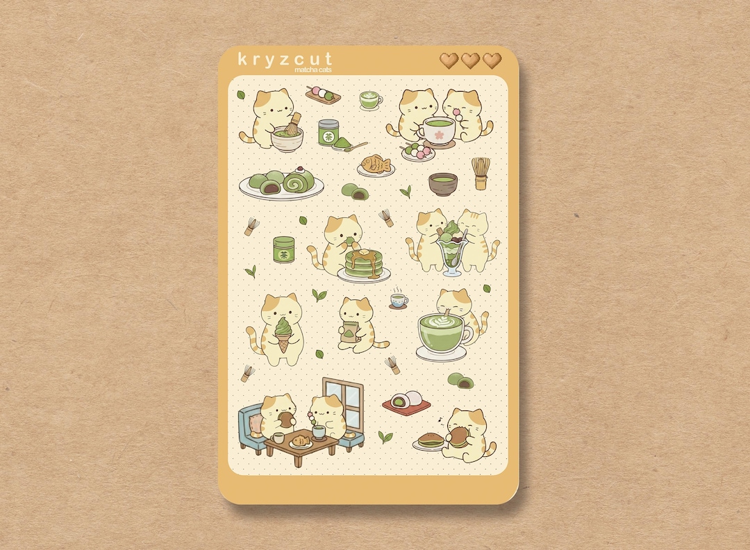 Matcha Cat Sticker Sheet, Kawaii Green Tea Cat Planner Stickers, Cute ...