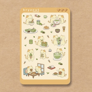 Matcha Cat Sticker Sheet, Kawaii Green Tea Cat Planner Stickers, Cute Cat Lover Journal Stickers, Aesthetic Matcha Stationery Gift