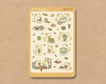 Matcha Cat stickervel, kawaii groene thee kat plannerstickers, schattige kattenliefhebber dagboekstickers, esthetisch matcha briefpapier cadeau