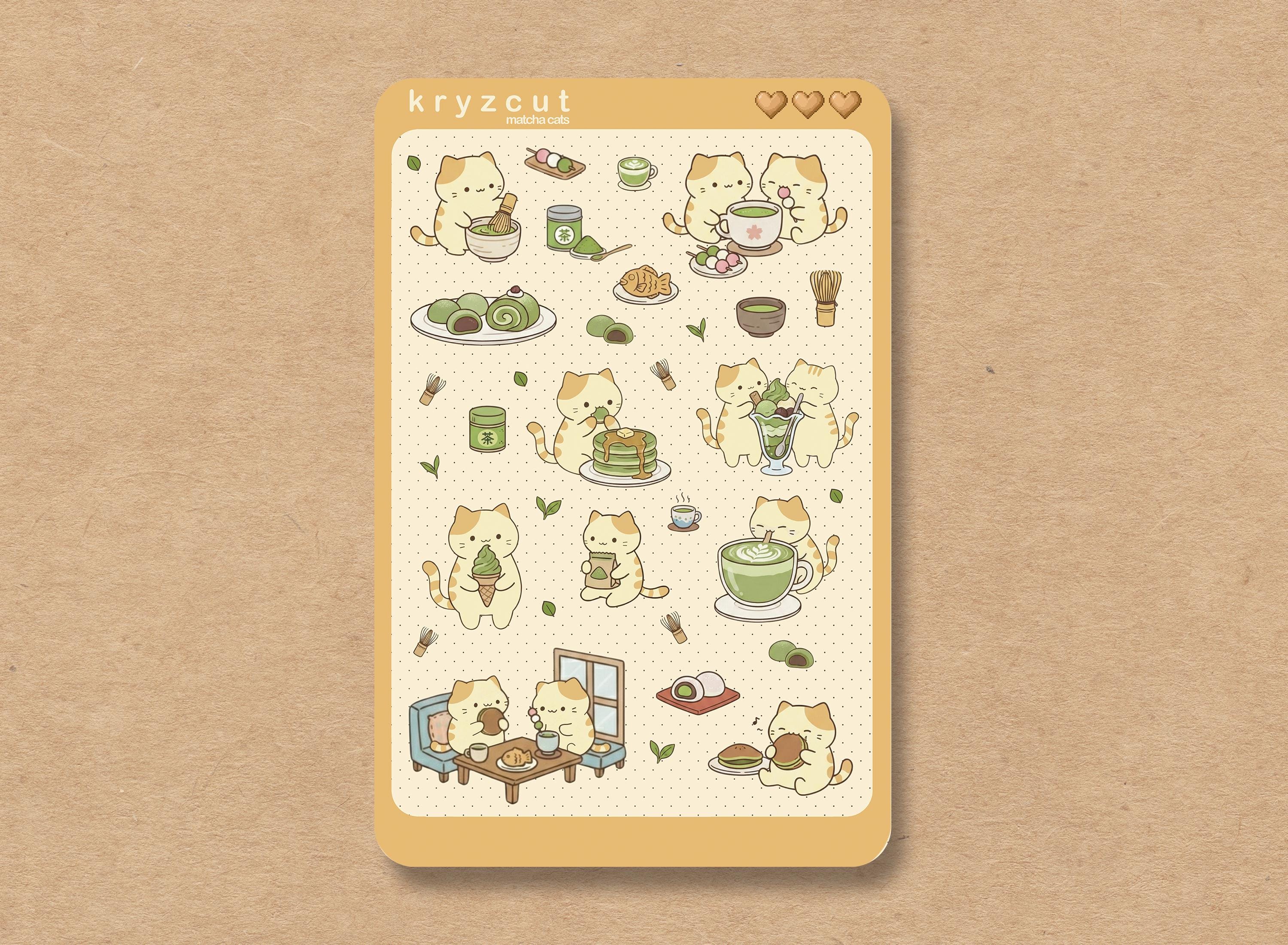 Cute cats sipping matcha green tea, kawaii sticker sheet