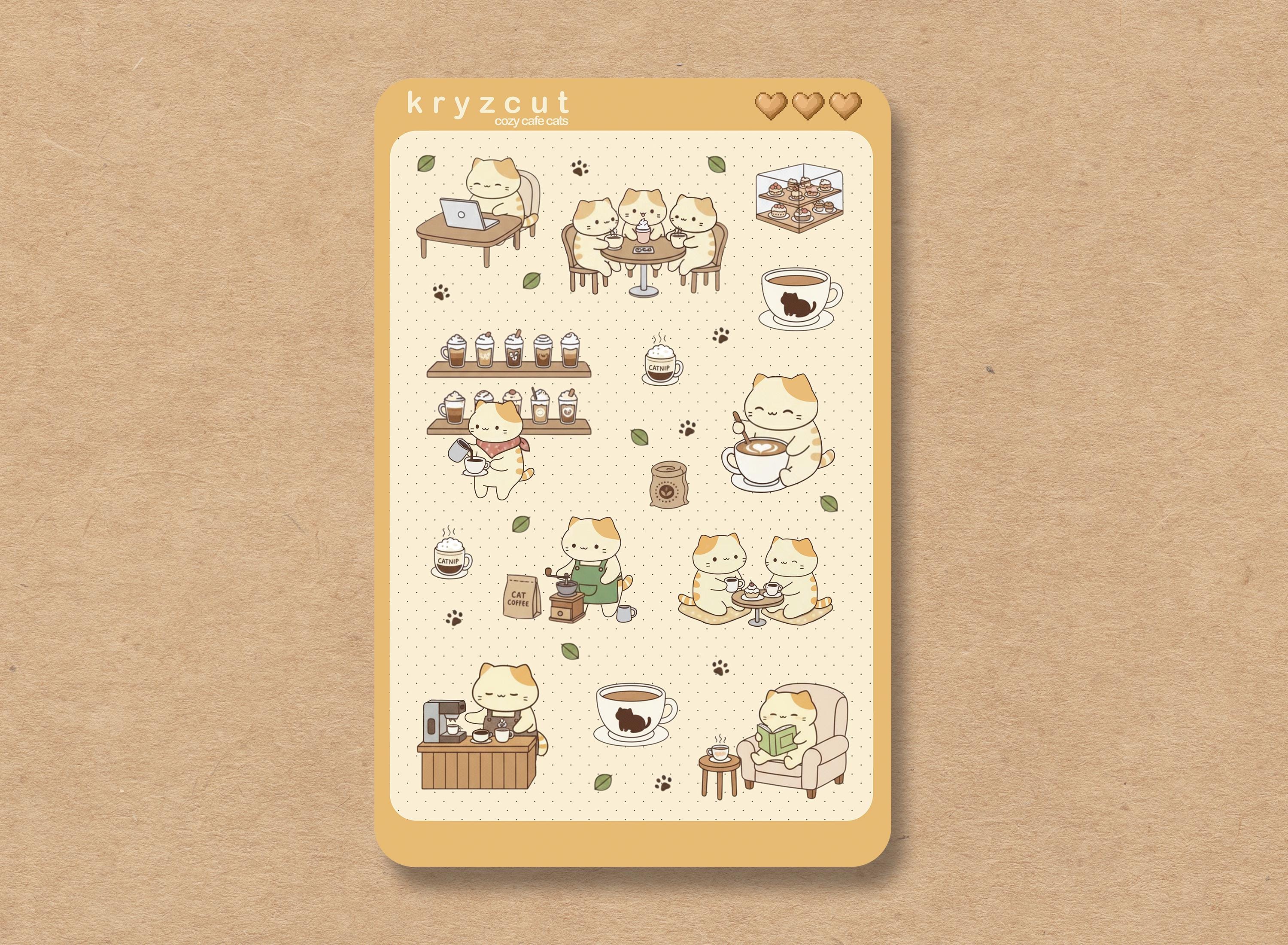 Cats in a cozy cafe with coffee and pastries sticker sheet