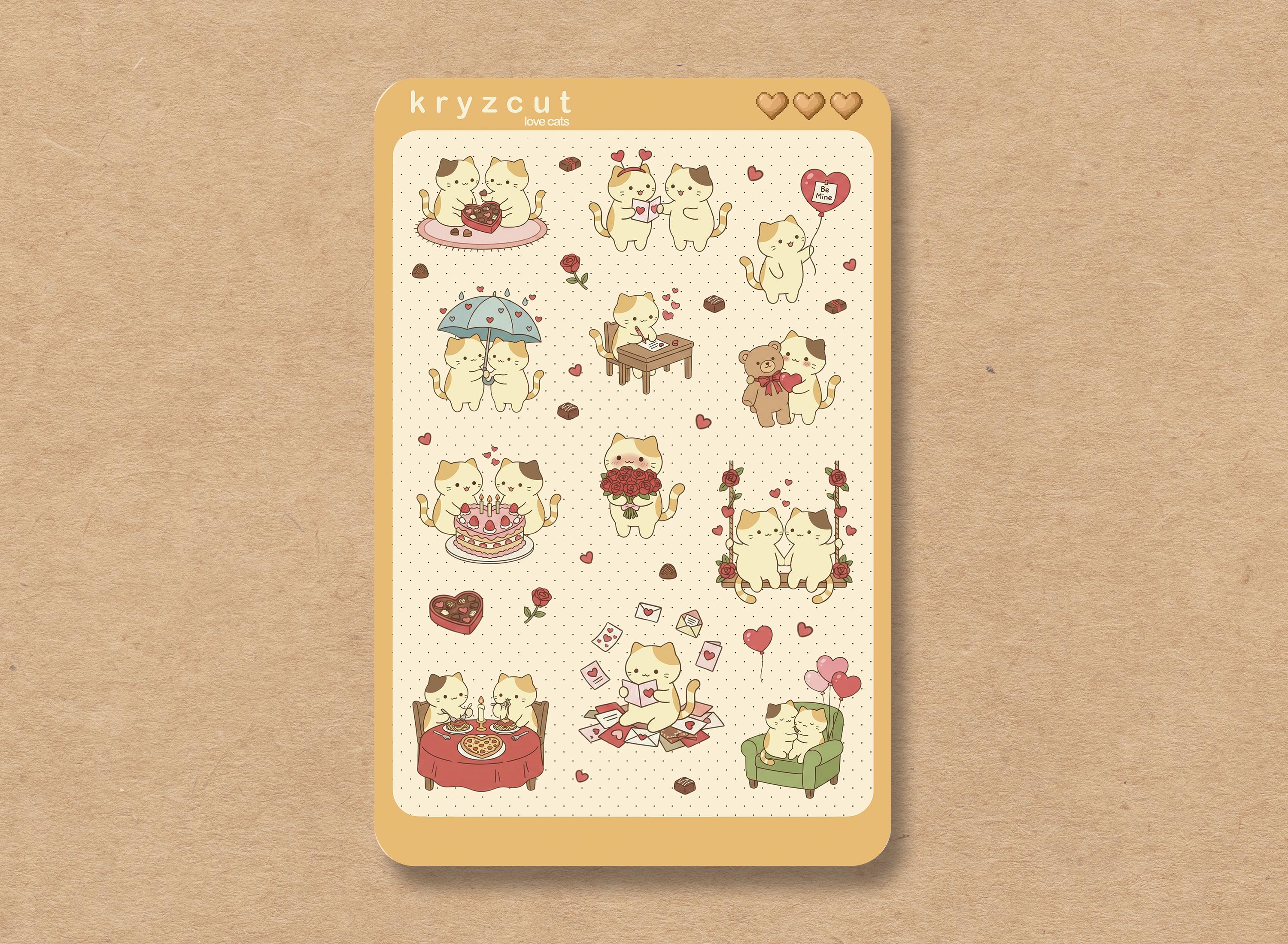 Kawaii Valentine cats with hearts and love letters, matte sticker sheet