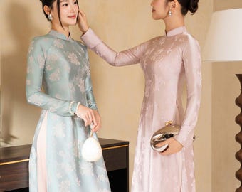 Pastel Silk Ao Dai for Bridesmaids, Custom Fit Vietnamese Traditional Dress in Mint Green or Blush Pink, Lunar New Year Tea Ceremony Outfit