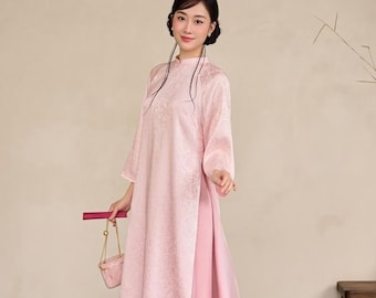 Ao Dai vietnamita de seda rosa claro para mujer, vestido tradicional vietnamita, Ao Dai moderno azul pastel, vestido para invitada de boda, vestido para festival