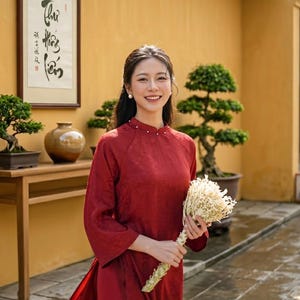Pode incluir: Uma pessoa com um vestido vermelho de gola alta, segurando um buquê de flores secas. O vestido tem um padrão sutil. O fundo apresenta bonsais, uma obra de arte emoldurada e uma parede amarela.