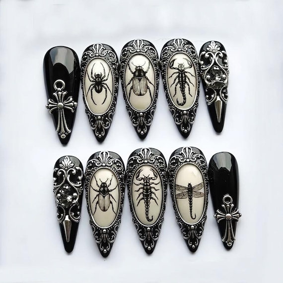 Victorian Gothic Press On Nails, Vintage Insect Art, Silver Baroque Frame, Cross charm nails, Nails For Dark Elegant Vibes