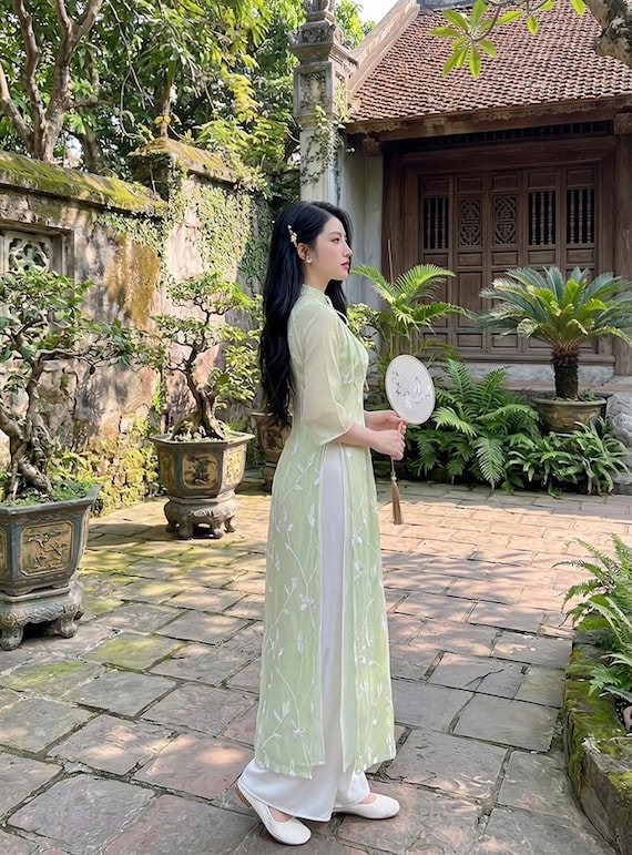 mint green embroidered dress Vine Ao Dai, Fairycore Spring Vietnamese Dress, Elegant Spring Wedding Guest Attire, Loose Fit Ao Dai Cach Tan march-dresses-collection