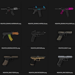 Peut inclure: Une collection d'armes à feu variées, comprenant des fusils et des pistolets, présentée sur un fond sombre. Les armes présentent divers designs et accents de couleur, tels que le bleu, le rose et le beige. Chaque arme à feu est étiquetée avec un identifiant unique.