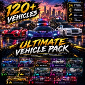 Può includere: Una collezione digitale di oltre 120 veicoli che include vari modelli come auto sportive, SUV e veicoli di emergenza. L'immagine mostra lo skyline di una città al tramonto con le scritte 120+ VEHICLES e ULTIMATE VEHICLE PACK in sovrimpressione.