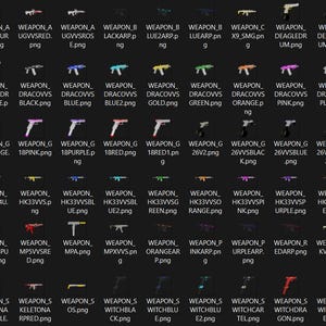 Puede incluir: Una cuadrícula digital que muestra una colección de varios iconos de armas de fuego en múltiples colores y estilos, cada uno etiquetado con un nombre de archivo específico como WEAPON_A, WEAPON_G y WEAPON_S, dispuestos en filas y columnas sobre un fondo gris oscuro.