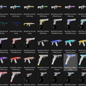 May include: A collection of various toy guns in different colors, including white, pink, purple, and blue. The image displays multiple firearms with unique designs and color schemes, suitable for toy enthusiasts.