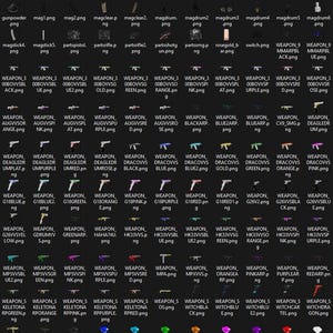 May include: A selection of digital weapon icons, including pistols, rifles, and other firearms, in various colours and styles. The images are arranged on a dark background, suitable for gaming or digital design projects.