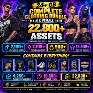 Peut inclure: Un graphique promotionnel numérique pour un pack complet de vêtements de 24+ Go contenant 22 800+ éléments. L'image montre quatre personnes portant divers vêtements, accessoires et coiffures, avec du texte et des icônes au néon détaillant le contenu.