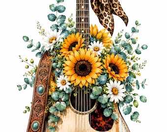 Imágenes prediseñadas de guitarra con girasoles rústicos / Diseño acústico floral country del oeste (descarga digital)