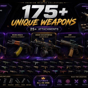 May include: A digital display showcasing a premium weapon collection with over 175 unique weapons and 25 plus attachments. The graphic features five highlighted firearm models including a Kriss Vector, Micro Draco, RM3IN, ARP, and Glock 17 Gen5.