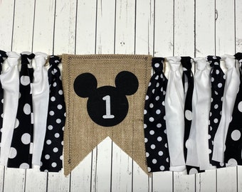 Mickey Mouse Inspired Birthday Highchair Banner Black and White 1st Birthday Banner, Black and White Mickey Mouse Photo Prop,