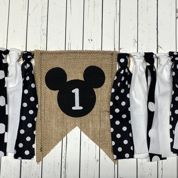 Mickey Mouse Inspired Birthday Highchair Banner Black and White 1st Birthday Banner, Black and White Mickey Mouse Photo Prop,