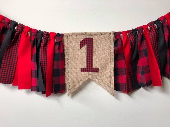 SALE Lumberjack Party Buffalo Plaid High Chair Garland Buffalo Check 1st Birthday Photo Prop Cake Smash, Birthday Banner, Rag Tie Banner Il_570xn