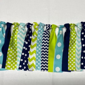 DISCONTINUED Banner SALE Limited Quantity, Aqua, Navy, and Lime Green Rag Banner, Fabric Rag Tie Garland, Birthday, Photo Prop, Backdrop