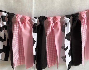 Cowgirl Fabric Garland Banner, Cow Print, Pink Check, Pink, Black Farm Cowgirl Highchair Banner Photo Prop,