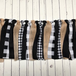 Buffalo Plaid Rag Banner Fabric Garland Photo Prop, Black and White Check Banner, Lumberjack Party, Rustic Wedding