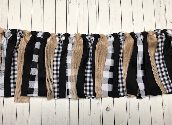 Buffalo Plaid Rag Banner Fabric Garland Photo Prop, Black and White Check Banner, Lumberjack Party, Rustic Wedding Il_570xn