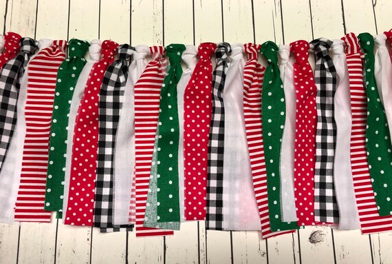 Farmhouse Christmas Banner, Polka Dots, Stripes, Black Check, Red, Green and White, Rag Banner/Garland Il_570xn