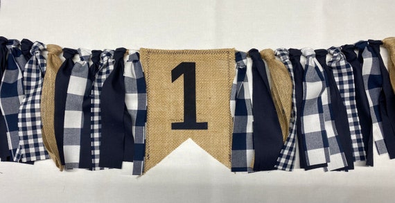 NAVY BLUE and WHITE Buffalo Plaid 1st Birthday Highchair Banner, Fabric Garland, Photo Prop, Birthday Banner, Cake smash, Photo Prop Il_570xn