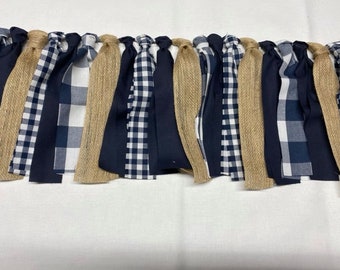 NAVY BLUE and WHITE Buffalo Plaid Rag Banner, Fabric Garland ,Photo Prop, Lumberjack Party, Rustic Wedding, Mantel Decor