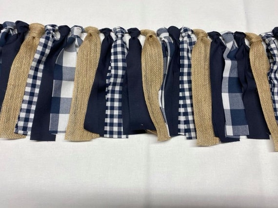 NAVY BLUE and WHITE Buffalo Plaid Rag Banner, Fabric Garland ,Photo Prop, Lumberjack Party, Rustic Wedding, Mantel Decor Il_570xn