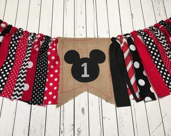 WEEKEND SALE Ends Sunday Classic Mickey Mouse Birthday Banner Highchair Garland/Banner/Bunting ,Photo Prop, Rag Tie High Chair Banner