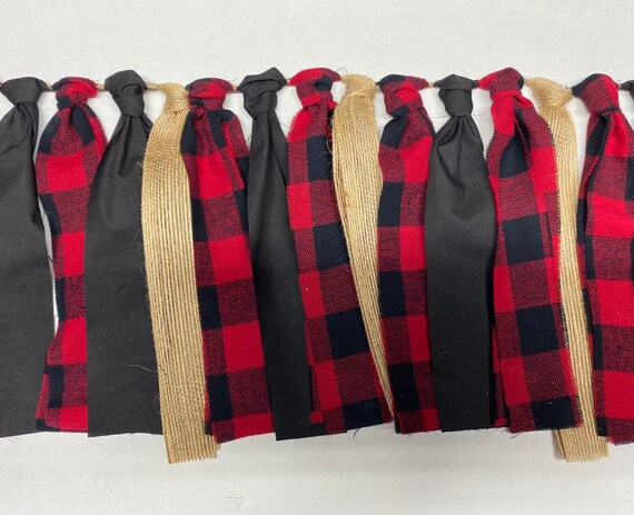SALE Buffalo Plaid Banner Garland, Birthday Banner Buffalo Plaid Woodland Lumberjack Party, Buffalo Plaid Fabric Rag Garland Banner Il_570xn
