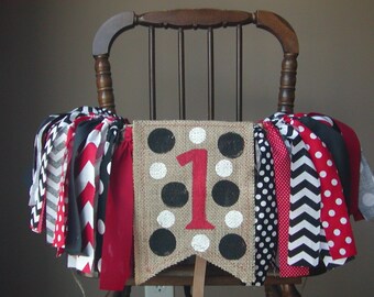 WEEKEND SALE Ends Sunday Classic Mickey Mouse Birthday Banner Highchair Garland/Banner/Bunting ,Photo Prop, Rag Tie High Chair Banner