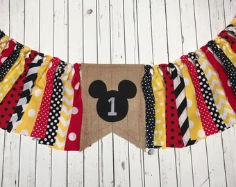 WEEKEND SALE Ends Sunday Birthday Banner Mickey Mouse Highchair Garland/Banner ,Photo Prop, Rag Tie High Chair Banner