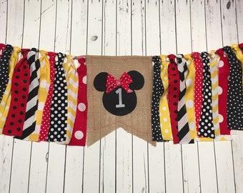 WEEKEND SALE Ends Sunday Birthday Banner Girls Mickey Mouse Highchair Garland/Banner ,Photo Prop, Rag Tie High Chair Banner