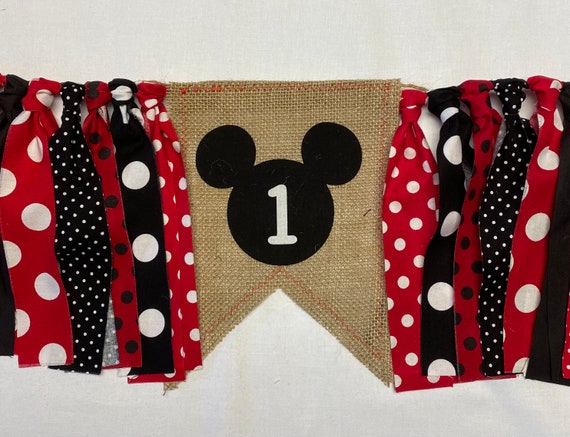 WEEKEND SALE Classic Mickey Mouse Inspired Fabric Banner Red and Black Highchair Garland/Banner Photo Prop, Rag High Chair Banner Il_570xn