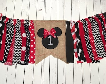 WEEKEND SALE Ends Sunday Girl Classic Mickey Mouse Birthday Banner Highchair Garland/Banner/Bunting ,Photo Prop, Rag Tie High Chair Banner