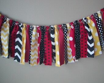 WEEKEND SALE Ends Sunday MICKEY Mouse Rag Tie Banner Ready To Ship Red, Black and Yellow Garland/Banner/Bunting Photo Prop,