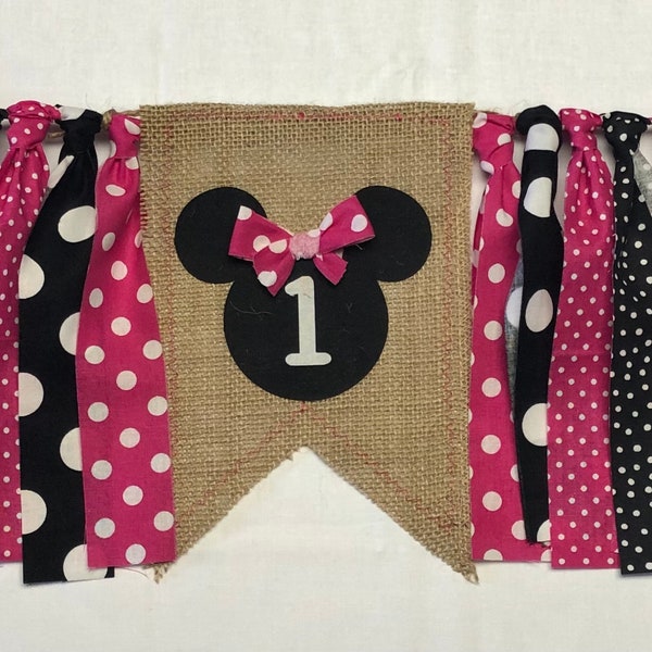 Birthday Banner Pink and Black Minnie Mouse Inspired Highchair Banner, Photo Prop, Rag Banner