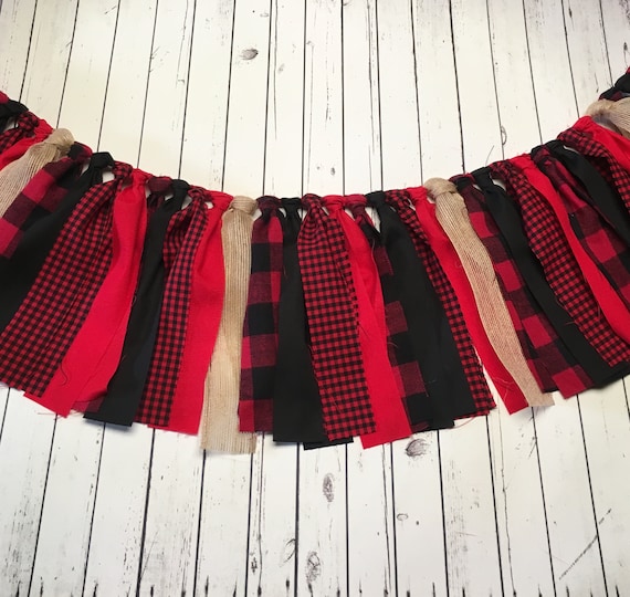 SALE Buffalo Plaid Christmas Banner Garland, Woodland Lumberjack Party, Buffalo Plaid Fabric Rag Garland Banner Il_570xn