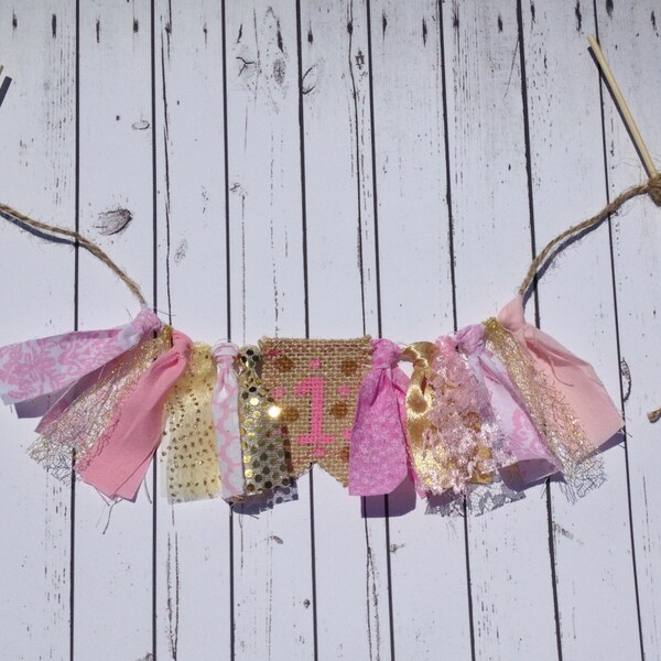 SALE Cake Topper Pink Gold Sequins and Lace Mini Rag Tie Cake Topper-Birthday Cake Topper-Cake Rag Banner-First Birthday Cake Banner